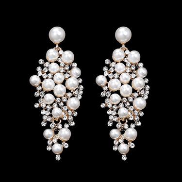 A pair of bridal earrings featuring a drop design with a cluster of simulated pearls and sparkling rhinestones, with gold plating.